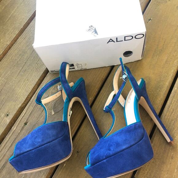 NWT ALDO Detamble Two Tone Blue Trim T-Strap Wrapped Platform Peep Toe Heels - Picture 3 of 6